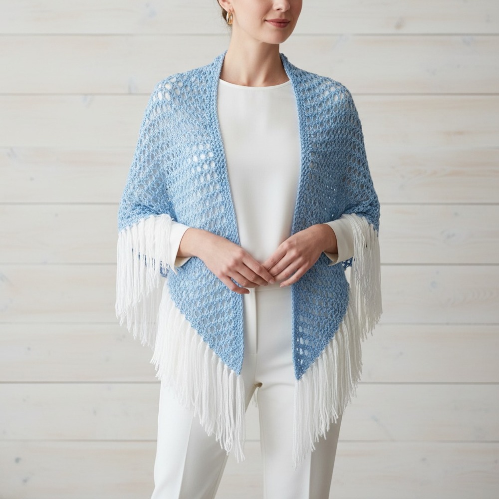 NEW‎ Light Blue Eyelet Hand Knitted Shawl Wrap Scarf Boho Hippie Art Coastal